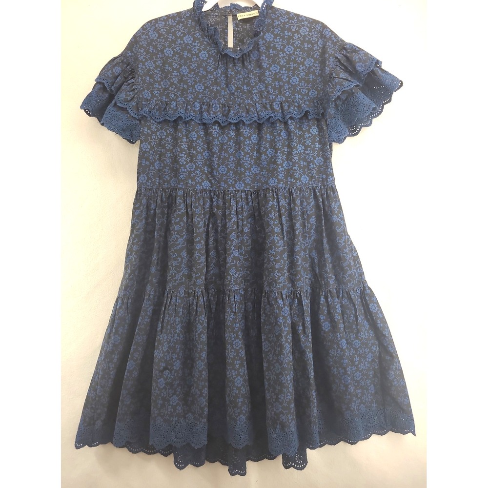 Ulla Johnson Leonie Dress Blue Black Floral Sz 6 100% Cotton